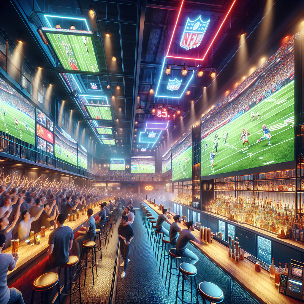 BetWarrior Sport Bar vibrante con fanáticos viendo apuestas deportivas en pantallas gigantes