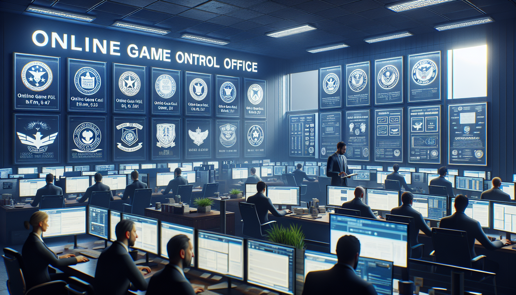 Oficina de regulación de juegos online mostrando licencias y equipos de control.