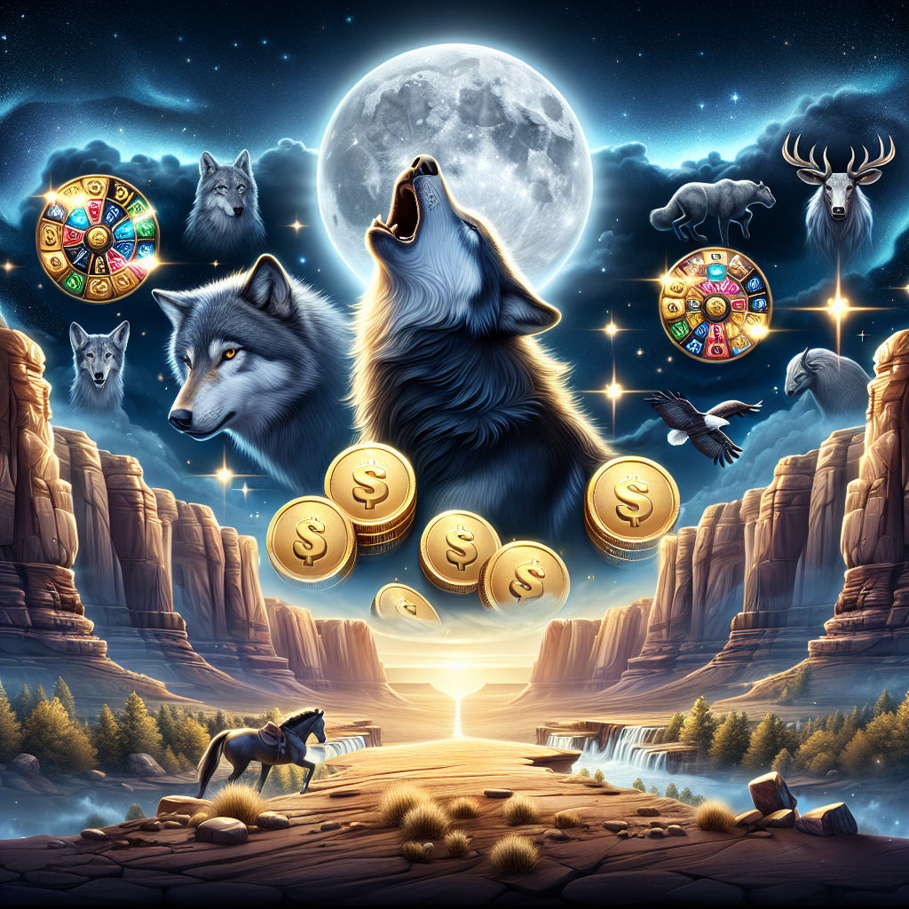 Banner de Wolf Gold con lobo aullando, símbolos de slot, desierto y luna llena